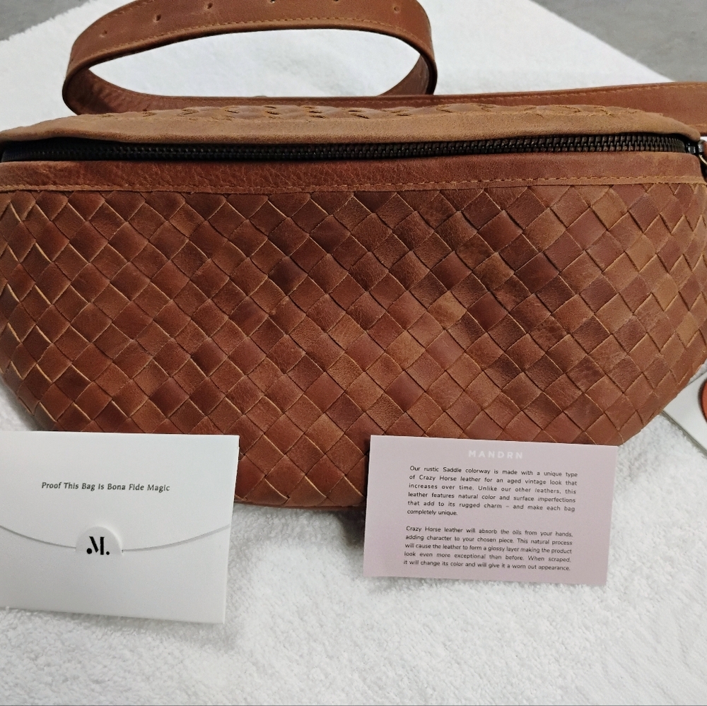 Mandrn Light Saddle Leather Atlas Woven Sling Crossbody Bag